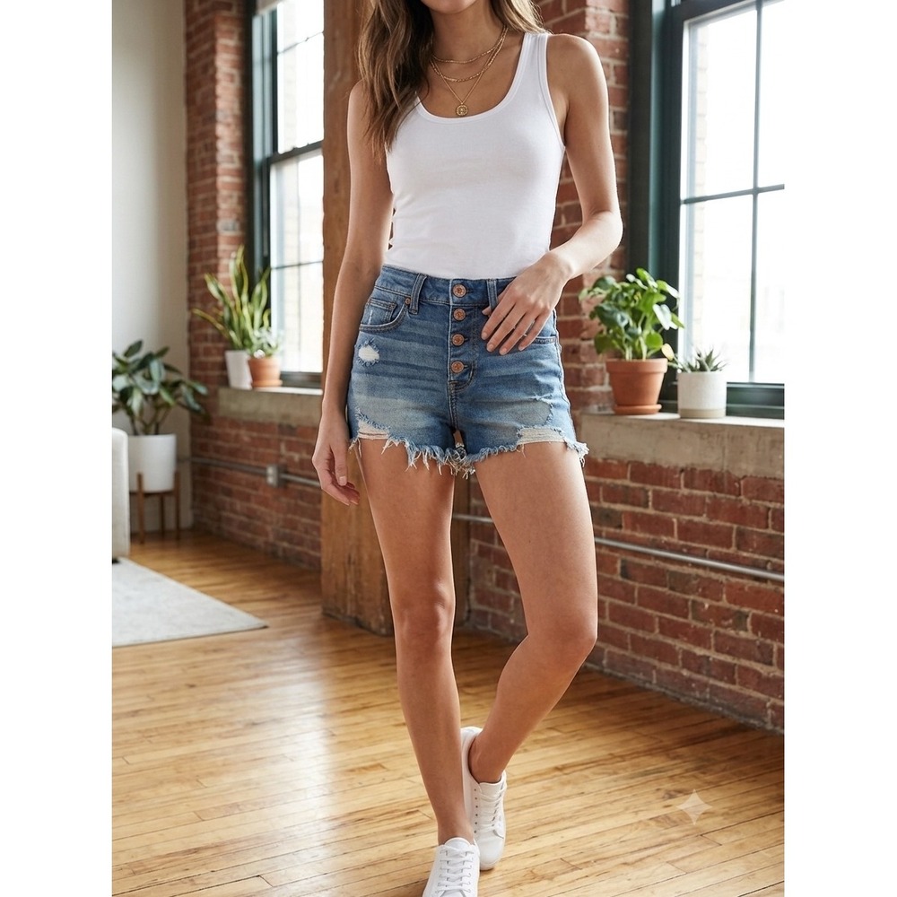 American Eagle Super Stretch Distressed Button Fly Denim Shorts Blue Size 00